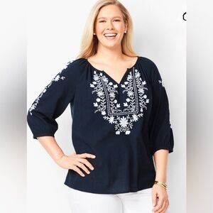 Talbots Navy Peasant Blouse with White Floral Embroidery